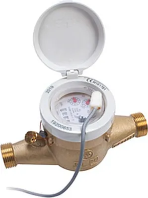 A water meter with a protective lid open, showing the display and a connected wire.