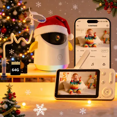 Obrázek produktu pro Dětská chůvička s kamerou a aplikací 5" video chůvička WLAN RGB noční světlo Automatická detekce pohybu Detekce vína Noční vidění s držákem a 64G