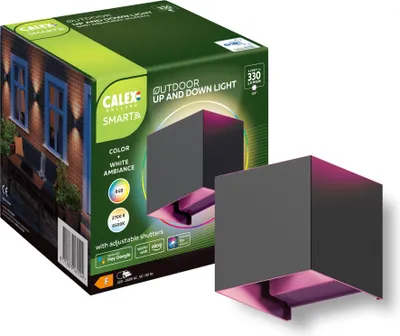 Produktbild von Calex Smart Outdoor LED Wandleuchte, Up & Down, RGB-Farben & kalt- bis warmweiß Licht, dimmbar, integriertes LED-Modul, wasserdicht, App- & Sprachsteuerung, Schwarz
