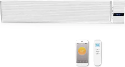 A white infrared heater is shown with a smartphone and a remote control.