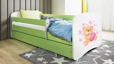 Produktbild von Kinderbett Jugendbett Schmetterlingsbär 70x140, 80x160, 80x180 cm - Komplettset mit Schublade & Rausfallschutz