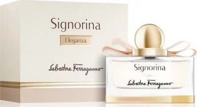 A bottle of Salvatore Ferragamo Signorina Eleganza eau de Parfum for women and its packaging.