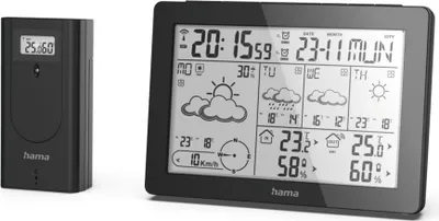 A black weather station with a separate sensor unit, displayed on a white background.