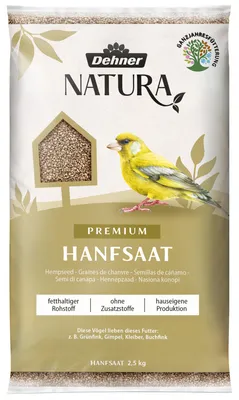 Produktbild von Dehner Natura Premium Wildvogelfutter, Hanfsaat, Ganzjahresfutter proteinreich / energiereich, hochwertiges Vogelfutter für Wildvögel, 2.5 kg