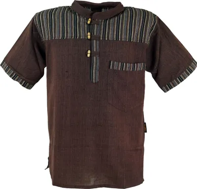 Produktbild von Nepal Fischerhemd, Gestreiftes Goa Hippie Kurzarmhemd - Coffee, Herren, Braun, Baumwolle, Größe: XL