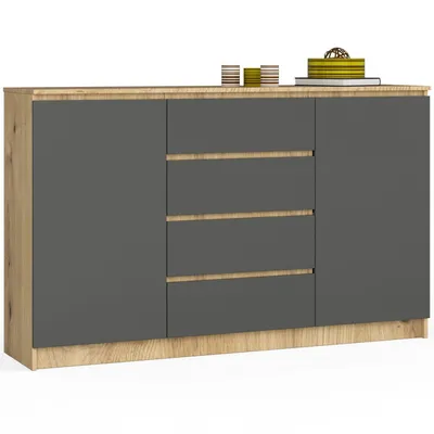 Produktbild von Kommode AKORD K160 Eiche Artisan 160 cm 2 Türen 4 Schubladen 4 Ebenen Front Graphitgrau B160 x H99 x T40 cm
