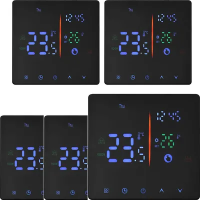 A collage of digital thermostats with glowing displays.