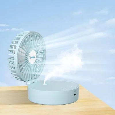 Zdjęcie produktu dla Mini wentylator z chłodną mgiełką, ładowanie przez USB, 3 prędkości, do użytku w podróży i w biurze, niebieski, niewielki, przenośny, z funkcją lampki nocnej.