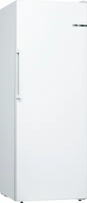 A full-shot, front-facing image of a white upright freezer.