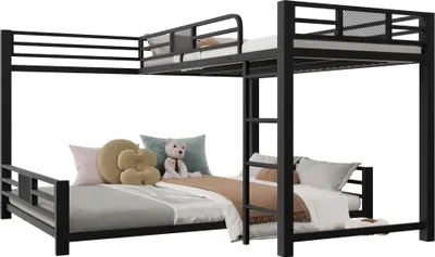 Produktbild von Merax Etagenbett 90x200cm, über 140x200cm, L-förmiges Design, Stockbett, Metallrahmen Kinderbett, Jugendbett, Eisenbett, Schwarz