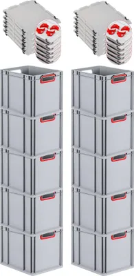 Produktbild von SparSet 10x Eurobox NextGen Color mit Auflagedeckel und Schiebeschnappverschlüsse | HxBxT 32x30x40cm | 30 Liter | Grau | Griffe rot offen | Glatter Boden | Eurobehälter, Transportbox, Transportbehälter, Stapelbehälter