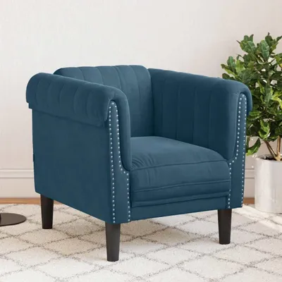 Produktbild von Moderner Polstersessel für das Wohnzimmer mit gepolsterten Armlehnen aus weichem blauem Samt