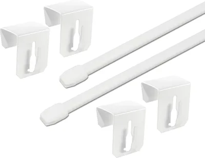 A set of white curtain rods and window hooks on a white background.
