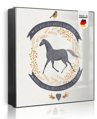 Zdjęcie produktu dla banjado metalowa szafka na klucze, duża 30x30 cm z 32 haczykami, może służyć jako tablica magnetyczna, czarny korpus, zawias po prawej stronie, Pferd und Vogel [SKG1 12646]