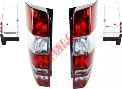 A pair of red and white car taillights are shown against a white background. Small images of a white van are visible on either side.