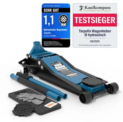 Produktbild von Tarpofix Wagenheber 3T hydraulisch – Rangierwagenheber flach für Auto & SUV, Hubhöhe 85 - 475 mm, inkl. Gummiauflage & Handschuhe