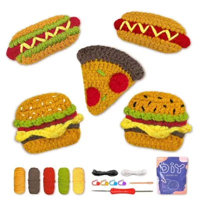 Produktbild von Häkelset für Anfänger mit Videoanleitung, 5er Set Pizza, Hamburger, Hot Dogs