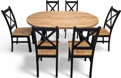 Produktbild von Runder ausziehbarer Esstisch Giuseppe Ø100 (150/200 cm) + 6 Stühle Sofia – elegantes Esszimmer-Set, Holz, Eiche Craft Gold