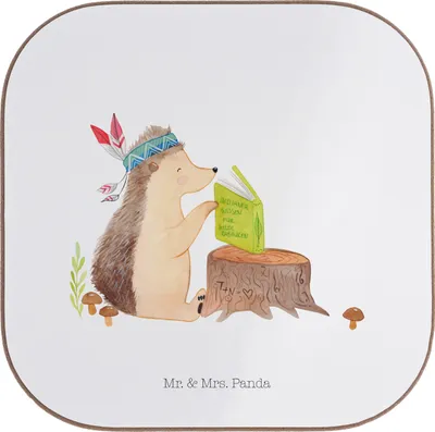 Produktbild von Mr. & Mrs. Panda Untersetzer Tasse Igel Federschmuck - Weiß - Geschenk, Camping, Lagerfeuer, weinglasuntersetzer, gläseruntersetzer, Coaster, Abenteuer, für Gläser, Tiere