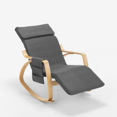 Produktbild von Schaukelstuhl Relaxsessel aus Holz skandinavisches Design verstellbare Fußstütze Odense - Grau