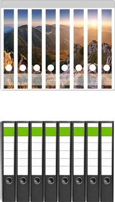 Produktbild von Wallario 8 Stück schmale Ordner inkl. Klebeetiketten mit Motive Berglandschaft mit Sonnenuntergang in der Slowakei -  Set mit Rückenschildern / Ordnerrücken Stickern