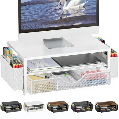 Obrázek produktu pro Stojan na monitor se zásuvkou, dvoustupňový, kovový, bílý