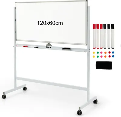 Produktbild von COSTWAY Mobiles Whiteboard, 120 x 60 cm, doppelseitiges magnetisches Whiteboard mit Ständer & Rollen, trocken abwischbar, verstellbare Weißtafel inkl. Zubehör für Zuhause, Büro und Schule (Weiß)