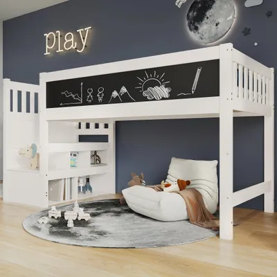 Productafbeelding van Kinderbed met hemelbed, 90x200 cm, gemaakt van massief hout en MDF, wit, met een trapkast, whiteboard, valbeveiliging en lattenbodem