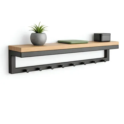 Produktbild von TOJ Living Wandgarderobe mit Ablage 60 cm – Garderobenleiste mit 8 Haken – matt schwarzer Edelstahl & Kiefernholz – für Flur, Schlafzimmer & Garderobe