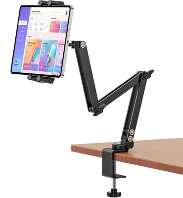 Image de Support tablette rotatif à 360° - Support tablette pour bureau - Support tablette pour lit - Support tablette - Support tablette pour iPad - Bras métallique de 60 cm - Support tablette