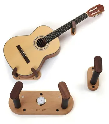 Produktbild von Gitarrenhalter Wand aus Holz, mit Hygrometer und Plektrumhalter, platzsparend, für Akustikgitarre, E-Gitarre, Bass und Ukulele