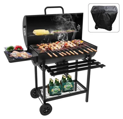 Produktbild von Holzkohlegrill Kohlegrill Standgrill - Edelstahl - Schwarz - Mit Deckel und 2 Rädern