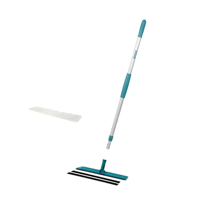 A disassembled mop with its cleaning pad shown separately on a white background.
