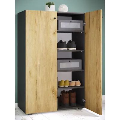 Produktbild von VCM Holz-Schuhschrank | Maße: H. 110 x B. 70 x T. 39 cm | Allzweckschrank | 5 Fächer | 2 Drehtüren– Lona