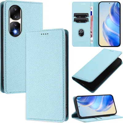 Produktbild von Litchi Leder Handyhülle für Honor 90 Pro Wallet Kartenfächer Standfunktion Hülle Hellblau