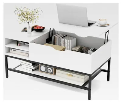 Produktbild von Ausziehbarer Couchtisch mit verstecktem Fach und höhenverstellbarer Platte für Wohnzimmer und Büro (Weiß)