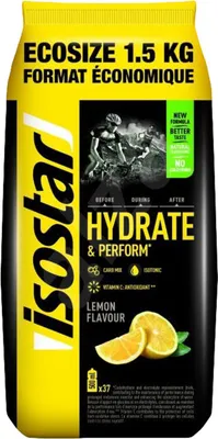 A bag of Isostar Hydrate & Perform sports drink powder with lemon flavor.