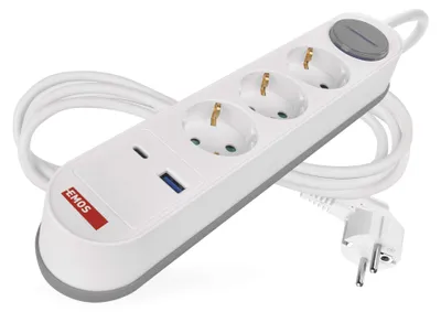Verlängerungskabel 2 m / 3 Steckdosen / mit Schalter /weiß-grau / 1×USB-A+1×USB-C/ 1,5 mm²