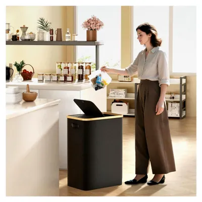 Produktbild von Müllsackständer mit 2 Fächern und Deckel für gelbe Säcke, geruchsdicht, 70L-120L, schwarz