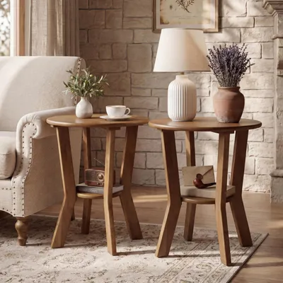 Produktbild von Runder Beistelltisch mit Ablage 48 cm Holz 2-stufig Vintage-Landhausstil Walnussfarben