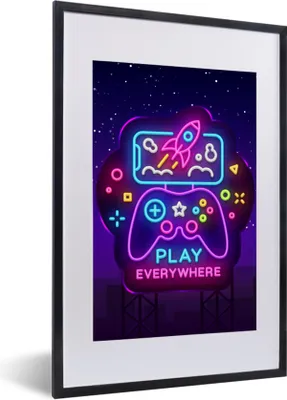 Produktbild von MuchoWow® Gerahmtes Poster Gaming - Neon - Spielen - Blau - Nacht - Controller 40x60 cm - Poster mit Schwarzem Bilderrahmen Wandposter Rahmen Foto Bilder - Poster in Rahmen
