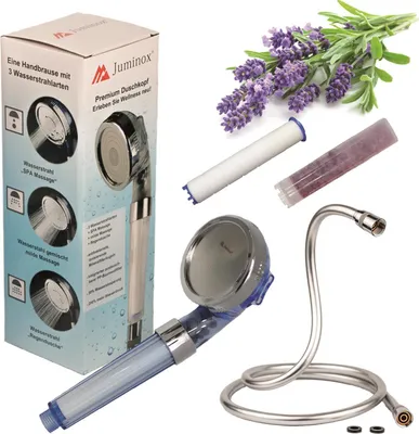 Produktbild von Juminox Premium Set Duschbrause Duschkopf Duschkopf Handbrause 3 Fach verstellbar, Duschschlauch Glatt Silber Flexibel 1,5 m chrom 1/2, Aromafilter, PP-Baumwollfilter Set Blau + Aroma Gelfilter Lavendel
