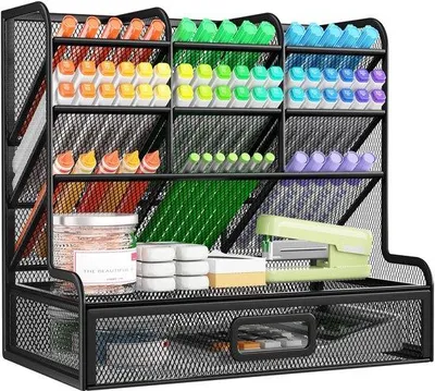 Produktbild von Metallischer Schreibtisch-Organisator, 9 Fächern, mit Ladestation, für Stifte, Metallreihen, Stiftehalter, für Schule, zu Hause, Büro (schwarz)