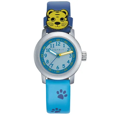 A close-up studio shot of a children's watch with a tiger design on the strap.