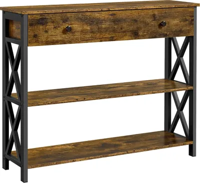 Produktbild von Yaheetech Konsolentisch, Beistelltisch aus Holz, Flurtisch mit Schublade und 2-stufigen Ablagefächern, Sofatisch mit stabilem X-Rahmen, für Eingang, Flur, Wohnzimmer, 100 x 30 x 80 cm,  ‎Rostbraun