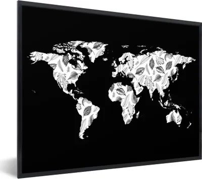 Produktbild von MuchoWow® Gerahmtes Poster Weltkarte - Pflanzen - Schwarz 80x60 cm - Poster mit Schwarzem Bilderrahmen Wandposter Rahmen Foto Bilder - Schwarzem - Mit Gestell