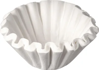 A white, pleated coffee filter is shown against a white background.
