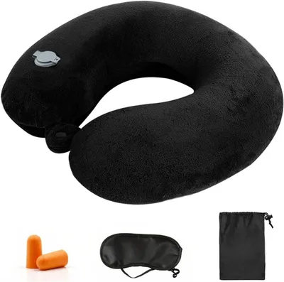 Obrázok produktu pre Nafukovací vankúš na cestovanie, cestovný vankúš, ergonomický, čierna, pre lietadlo