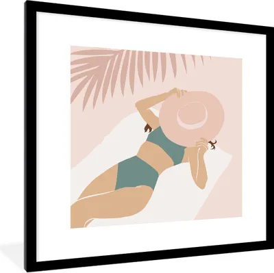 Produktbild von MuchoWow® Gerahmtes Poster Strand - Hut - Blätter 40x40 cm - Poster mit Schwarzem Bilderrahmen Wandposter Rahmen Foto Bilder - Poster - Plakat im Rahmen