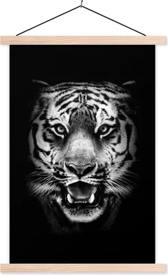 Produktbild von MuchoWow® Textilposter Tigerkopf vor schwarzem Hintergrund - schwarz und weiß 40x60 cm mit holzfarbenen Rahmen - Poster
